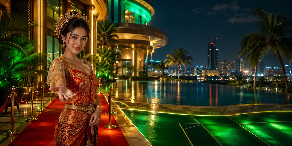 Suasana festival dengan dekorasi meriah dan layar permainan casino yang menyala