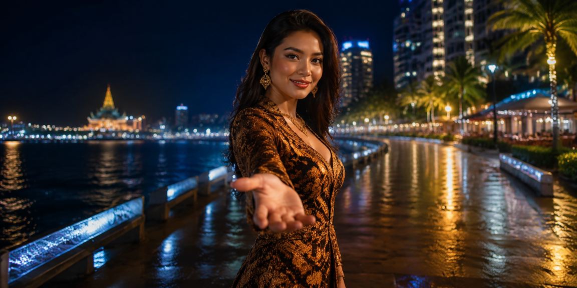 Model perempuan Vietnam duduk di meja casino dengan suasana elegan dan profesional